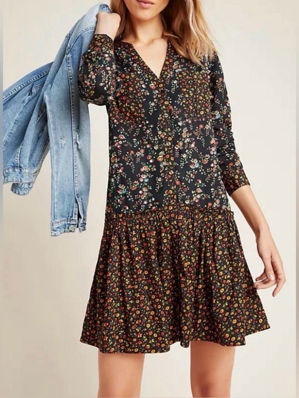 Maeve Anthropologie Marlie Floral Button Front Drop Waist Mini Tunic Dress Boho